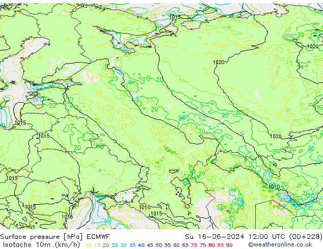 Isotachs (kph) ECMWF  16.06.2024 12 UTC