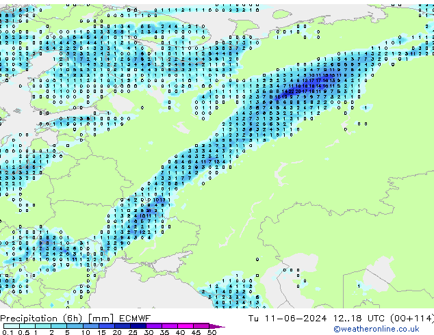 Precipitazione (6h) ECMWF mar 11.06.2024 18 UTC