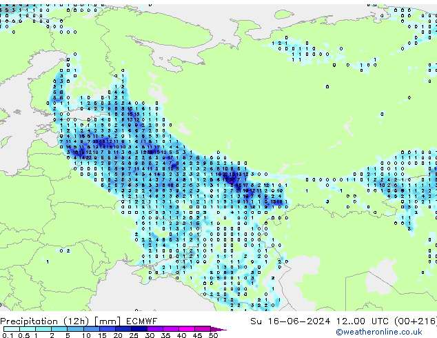 Precipitazione (12h) ECMWF dom 16.06.2024 00 UTC