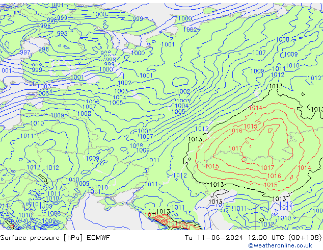 Atmosférický tlak ECMWF Út 11.06.2024 12 UTC