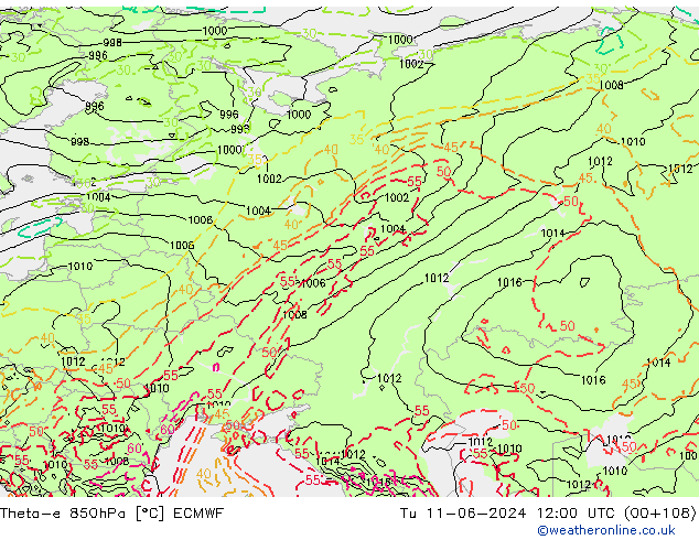 Theta-e 850hPa ECMWF Út 11.06.2024 12 UTC