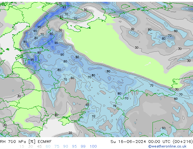 RH 700 гПа ECMWF Вс 16.06.2024 00 UTC