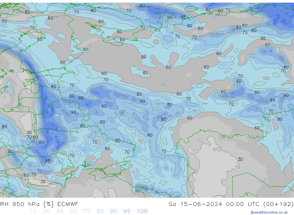 Humedad rel. 850hPa ECMWF sáb 15.06.2024 00 UTC