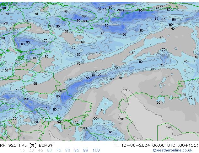 RH 925 hPa ECMWF Th 13.06.2024 06 UTC