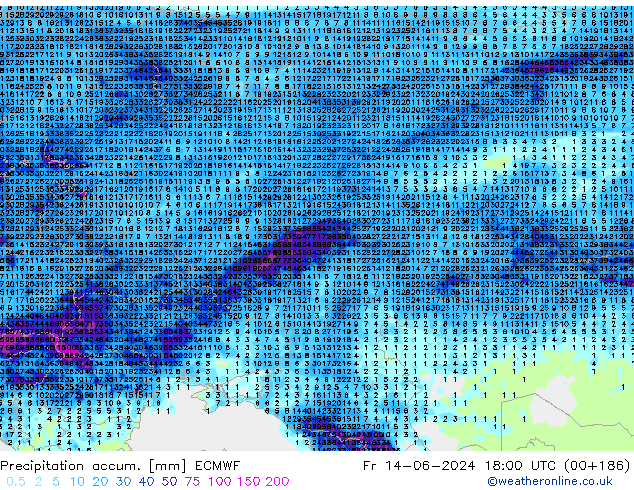 Totale neerslag ECMWF vr 14.06.2024 18 UTC