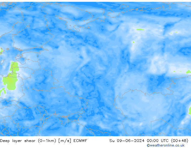 Deep layer shear (0-1km) ECMWF Su 09.06.2024 00 UTC