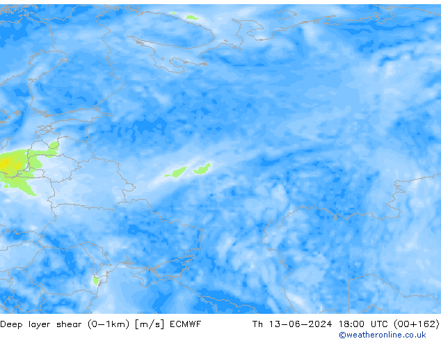 Deep layer shear (0-1km) ECMWF  13.06.2024 18 UTC