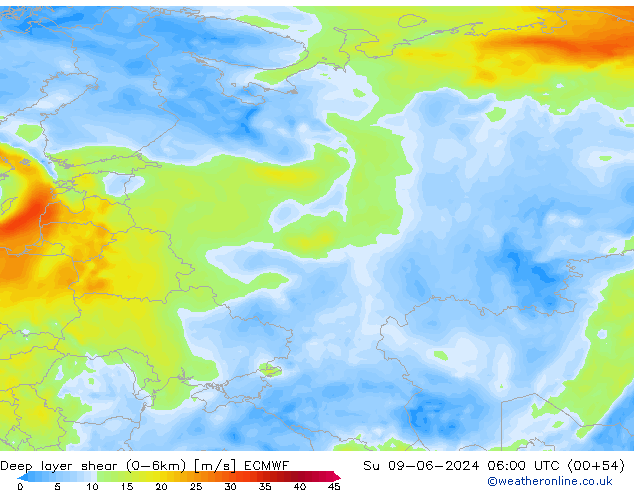 Deep layer shear (0-6km) ECMWF Su 09.06.2024 06 UTC