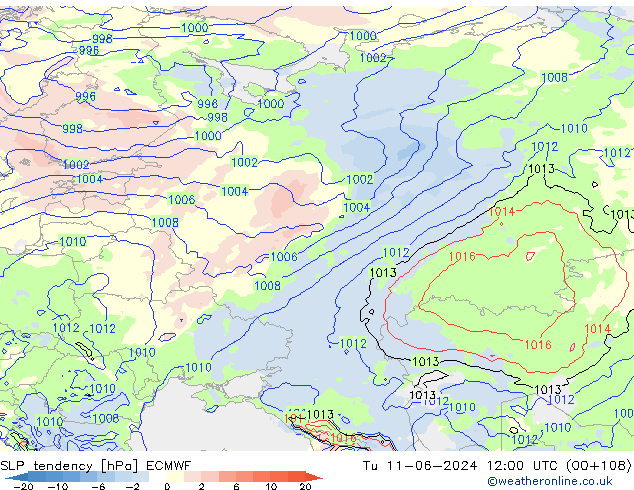 SLP tendency ECMWF Út 11.06.2024 12 UTC