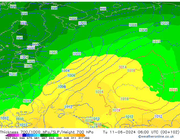 Thck 700-1000 hPa ECMWF Út 11.06.2024 06 UTC