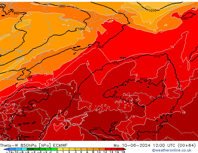 Theta-W 850hPa ECMWF Pzt 10.06.2024 12 UTC