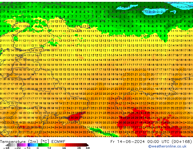 mapa temperatury (2m) ECMWF pt. 14.06.2024 00 UTC