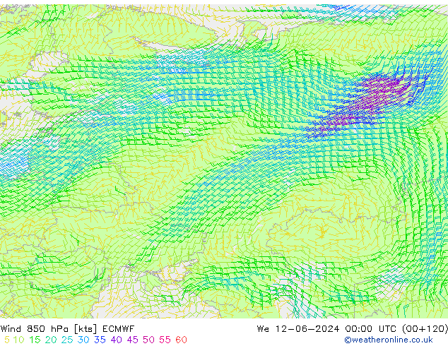 Vento 850 hPa ECMWF mer 12.06.2024 00 UTC