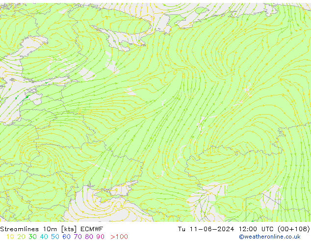 Streamlines 10m ECMWF Út 11.06.2024 12 UTC