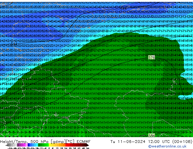 Z500/Rain (+SLP)/Z850 ECMWF Tu 11.06.2024 12 UTC