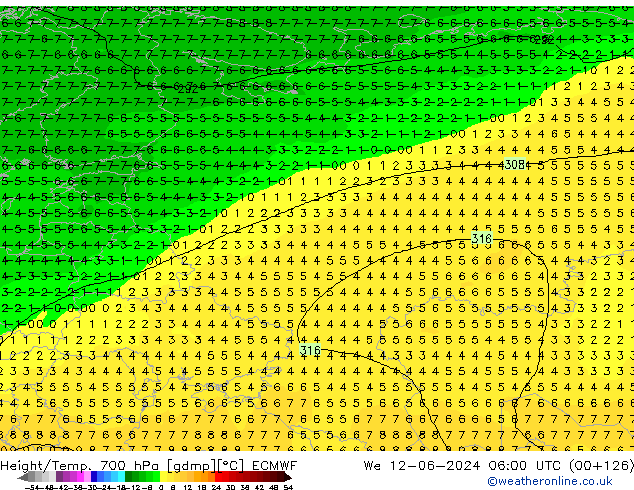 Height/Temp. 700 hPa ECMWF Qua 12.06.2024 06 UTC