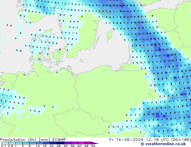 Precipitation (6h) ECMWF Pá 14.06.2024 18 UTC