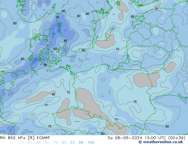 RH 850 hPa ECMWF sab 08.06.2024 15 UTC