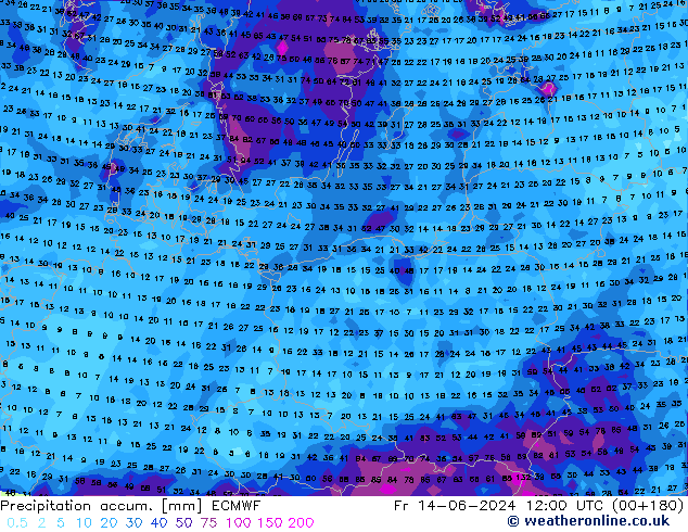 Precipitation accum. ECMWF Fr 14.06.2024 12 UTC