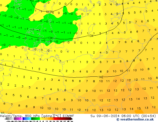 Z500/Yağmur (+YB)/Z850 ECMWF Paz 09.06.2024 06 UTC