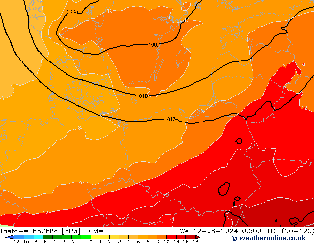 Theta-W 850hPa ECMWF śro. 12.06.2024 00 UTC