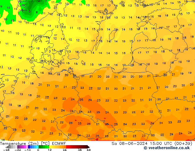 Temperature (2m) ECMWF Sa 08.06.2024 15 UTC