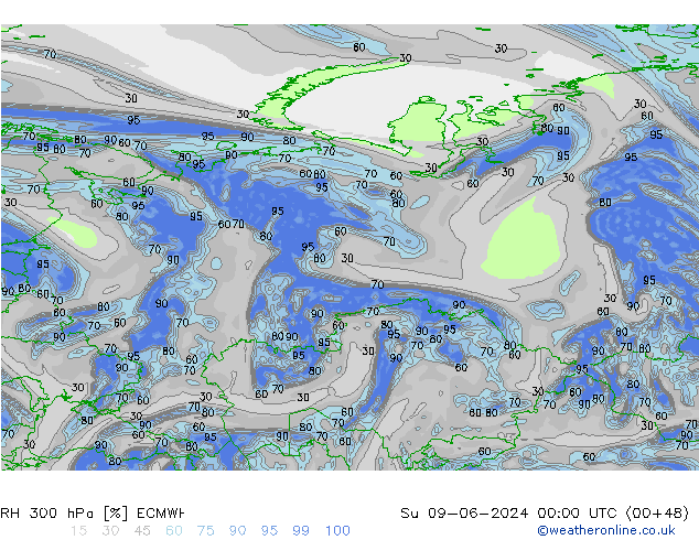 RH 300 hPa ECMWF nie. 09.06.2024 00 UTC