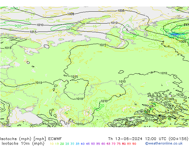 Isotachen (mph) ECMWF do 13.06.2024 12 UTC