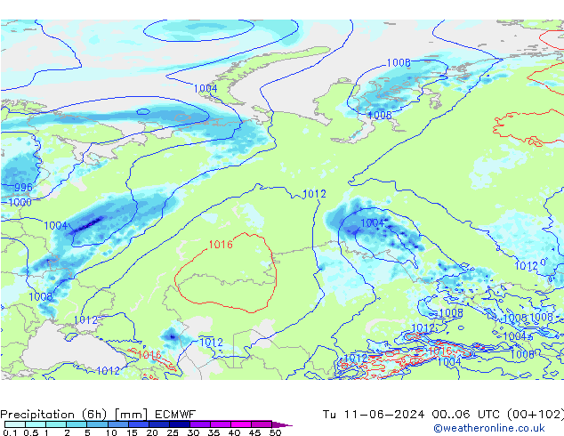 осадки (6h) ECMWF вт 11.06.2024 06 UTC