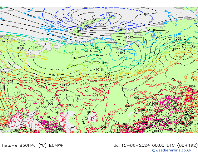 Theta-e 850гПа ECMWF сб 15.06.2024 00 UTC