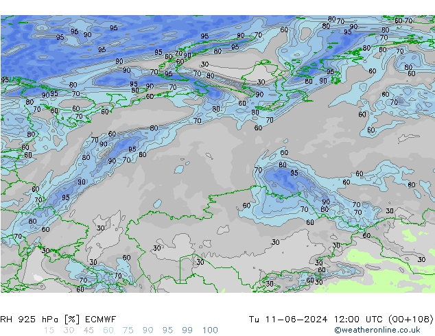 Humidité rel. 925 hPa ECMWF mar 11.06.2024 12 UTC