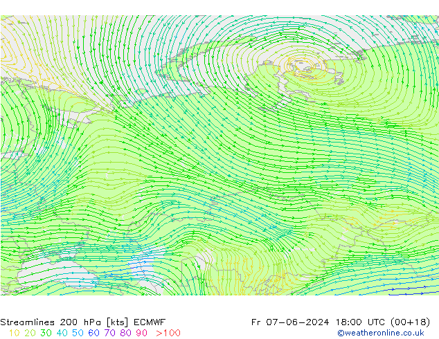 Streamlines 200 hPa ECMWF Fr 07.06.2024 18 UTC