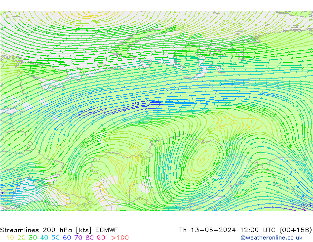 Stromlinien 200 hPa ECMWF Do 13.06.2024 12 UTC