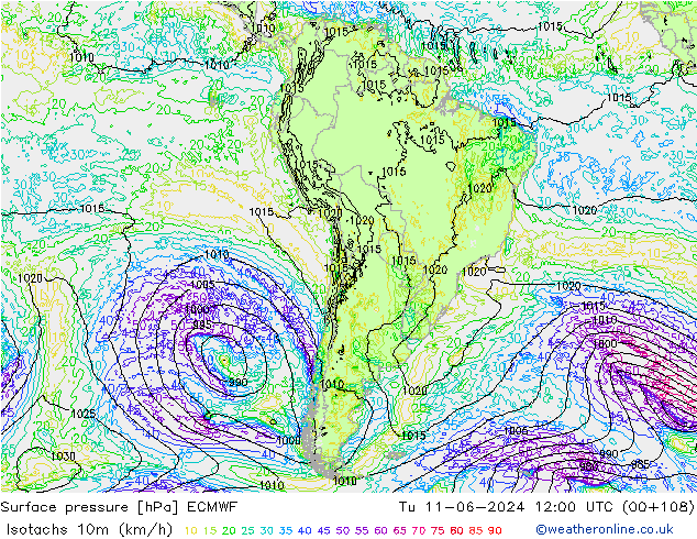 Izotacha (km/godz) ECMWF wto. 11.06.2024 12 UTC