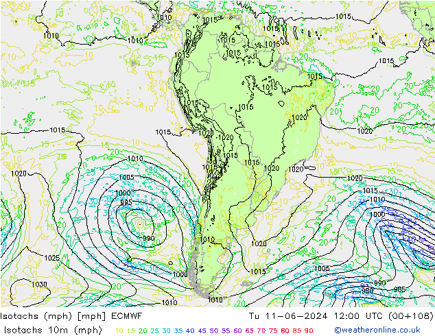 Izotacha (mph) ECMWF wto. 11.06.2024 12 UTC