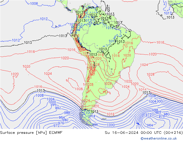 Luchtdruk (Grond) ECMWF zo 16.06.2024 00 UTC