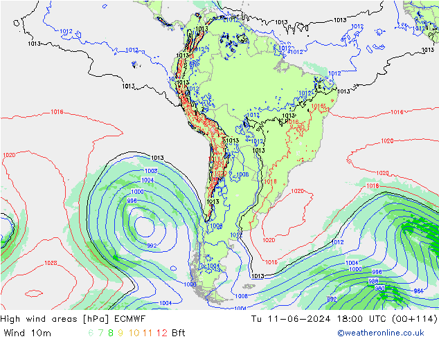 High wind areas ECMWF Út 11.06.2024 18 UTC