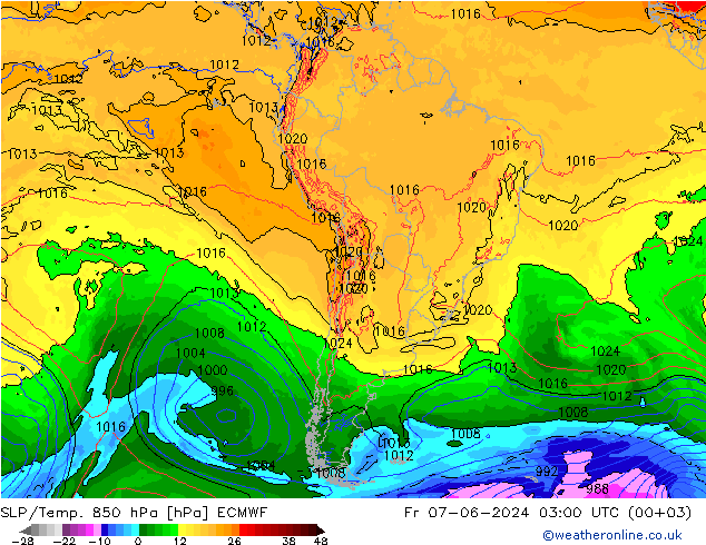 SLP/Temp. 850 hPa ECMWF Fr 07.06.2024 03 UTC