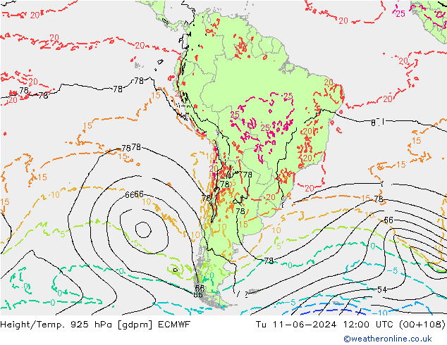 Height/Temp. 925 hPa ECMWF Tu 11.06.2024 12 UTC