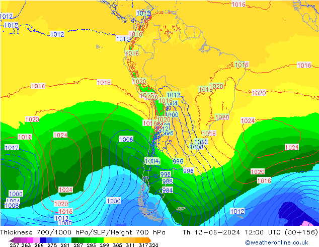 Thck 700-1000 гПа ECMWF чт 13.06.2024 12 UTC