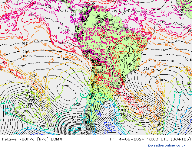 Theta-e 700hPa ECMWF ven 14.06.2024 18 UTC