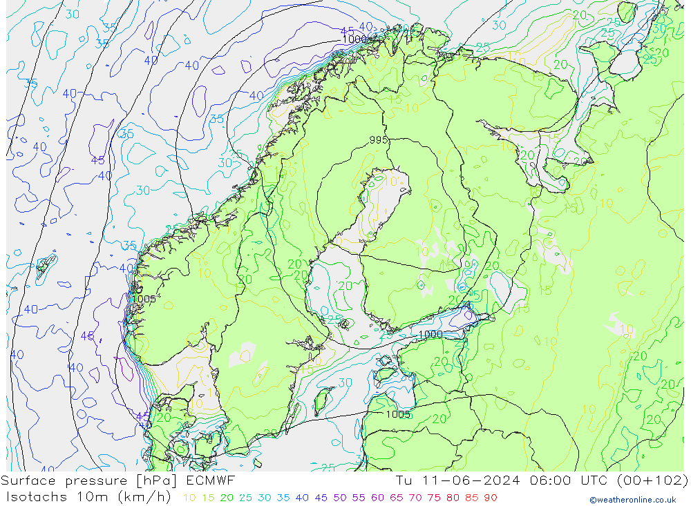 Isotachs (kph) ECMWF Tu 11.06.2024 06 UTC