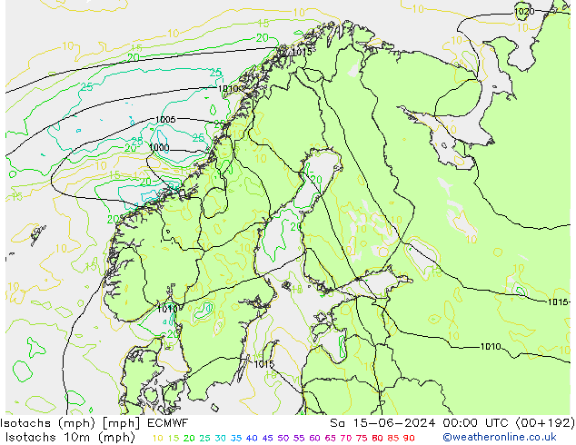 Isotachen (mph) ECMWF za 15.06.2024 00 UTC