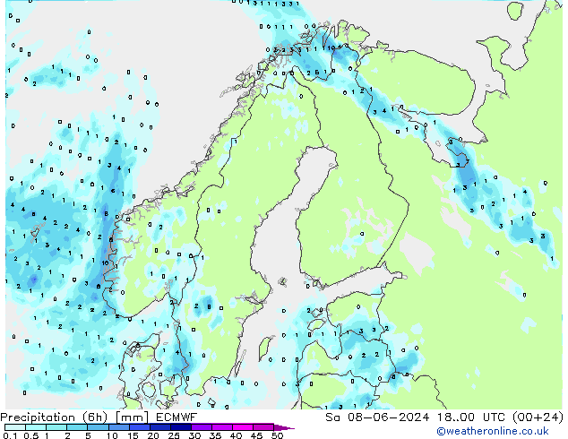 降水量 (6h) ECMWF 星期六 08.06.2024 00 UTC
