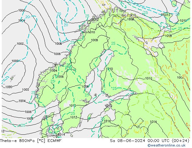 Theta-e 850hPa ECMWF 星期六 08.06.2024 00 UTC