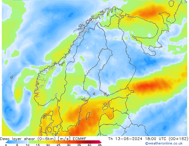 Deep layer shear (0-6km) ECMWF чт 13.06.2024 18 UTC