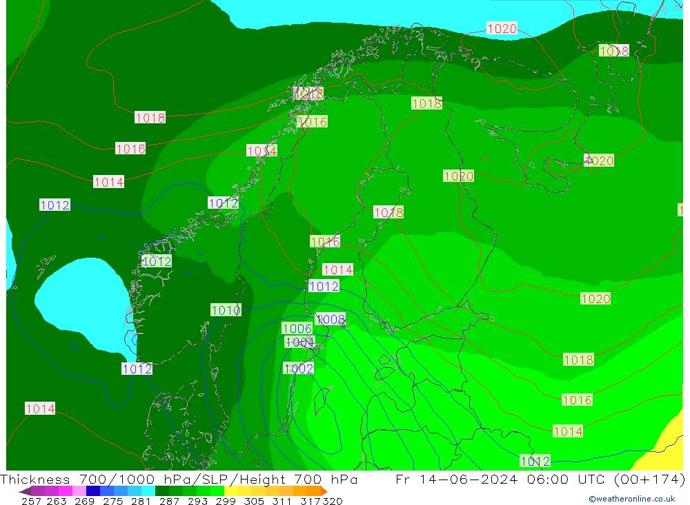 Espesor 700-1000 hPa ECMWF vie 14.06.2024 06 UTC