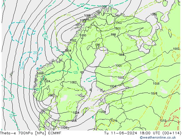 Theta-e 700hPa ECMWF mar 11.06.2024 18 UTC