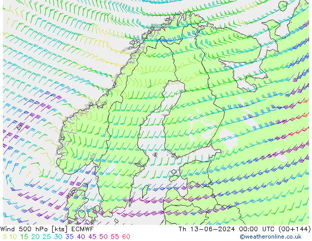 Vento 500 hPa ECMWF Qui 13.06.2024 00 UTC