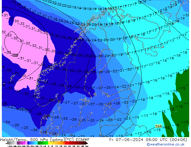 Z500/Rain (+SLP)/Z850 ECMWF Fr 07.06.2024 06 UTC